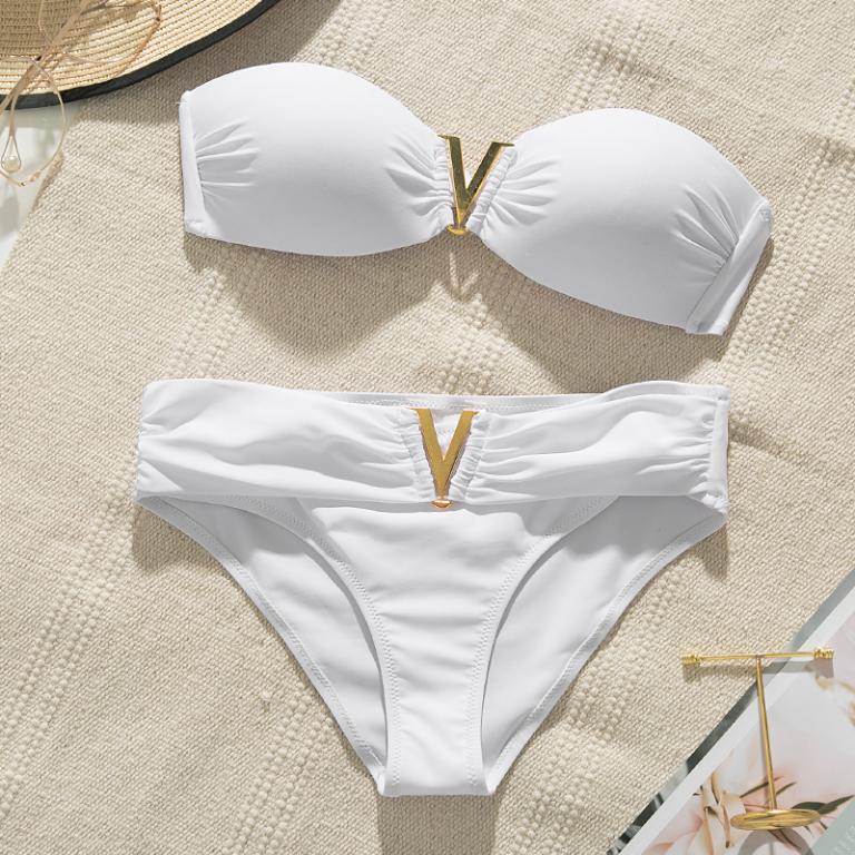 White Push Up Woman Swimsuit Summer Beach Sexy Bikini Set Solid Swimming Suit For Women Swimwear Bandeau Bathing Suit