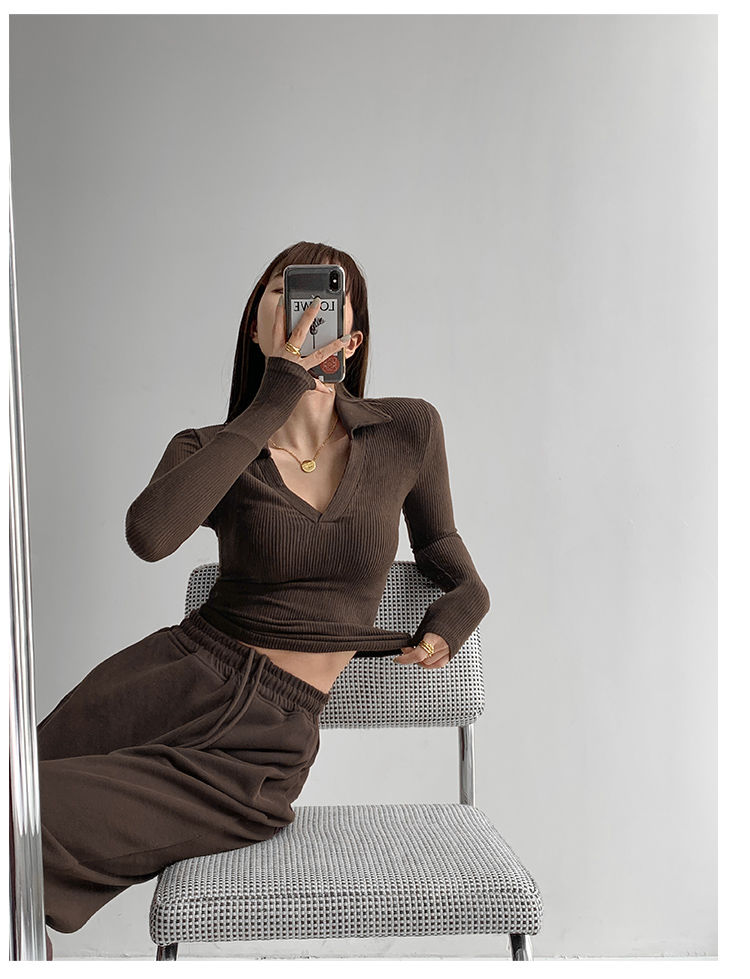 Sexy V-Neck Slim Fitness Women's T-Shirt Long Sleeve Polo Shirt Woman High Waist Cropped Tops