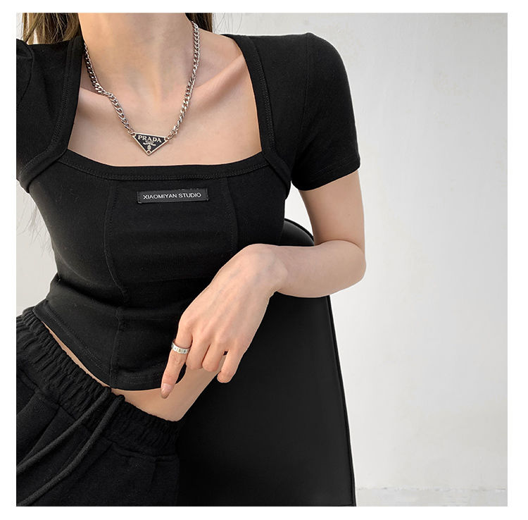Curved Crop Tops Women Summer Square Collar Short Sleeve T-Shirt Fashion Slim Woman