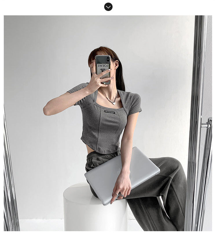 Curved Crop Tops Women Summer Square Collar Short Sleeve T-Shirt Fashion Slim Woman
