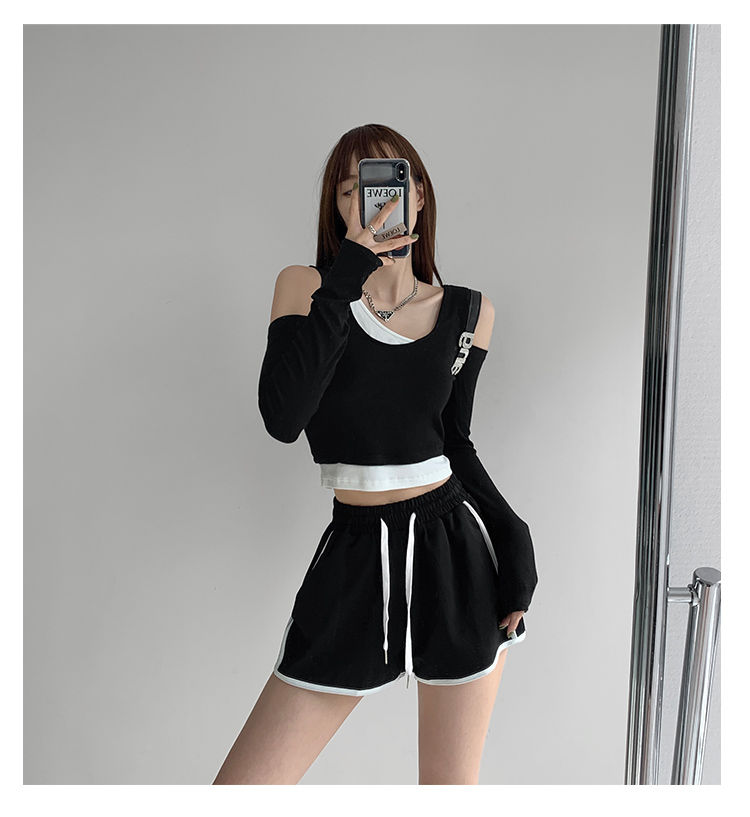 Patchwork Women's T-shirt Fake Two-piece Slim Long Sleeve Y2K Crop Tops Woman