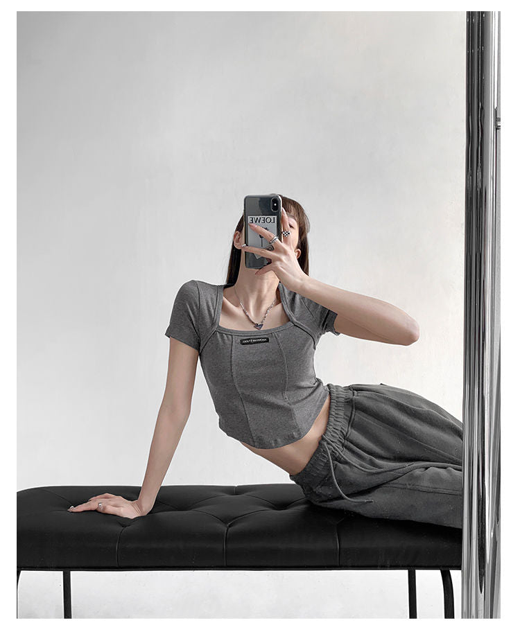 Curved Crop Tops Women Summer Square Collar Short Sleeve T-Shirt Fashion Slim Woman